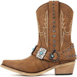 ⚡Women's Brown Ankle High Embroidery Pointed Toe Cowgirl Western Boots